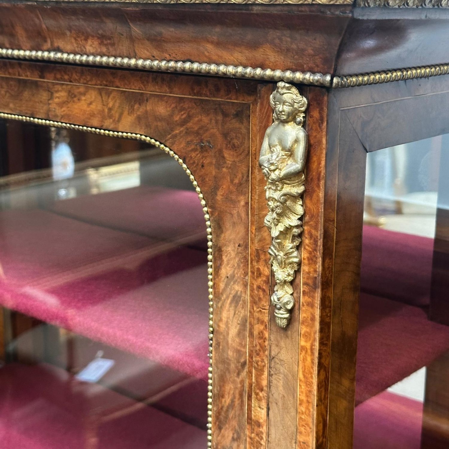 Rare pr English burr walnut display cabinets with sevres panels 