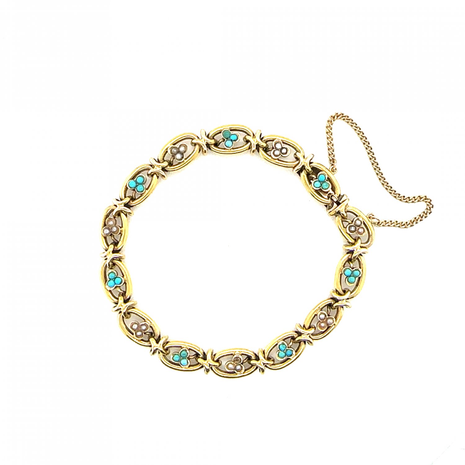 15ct yellow gold bracelet set with turquoise and seed pearls 