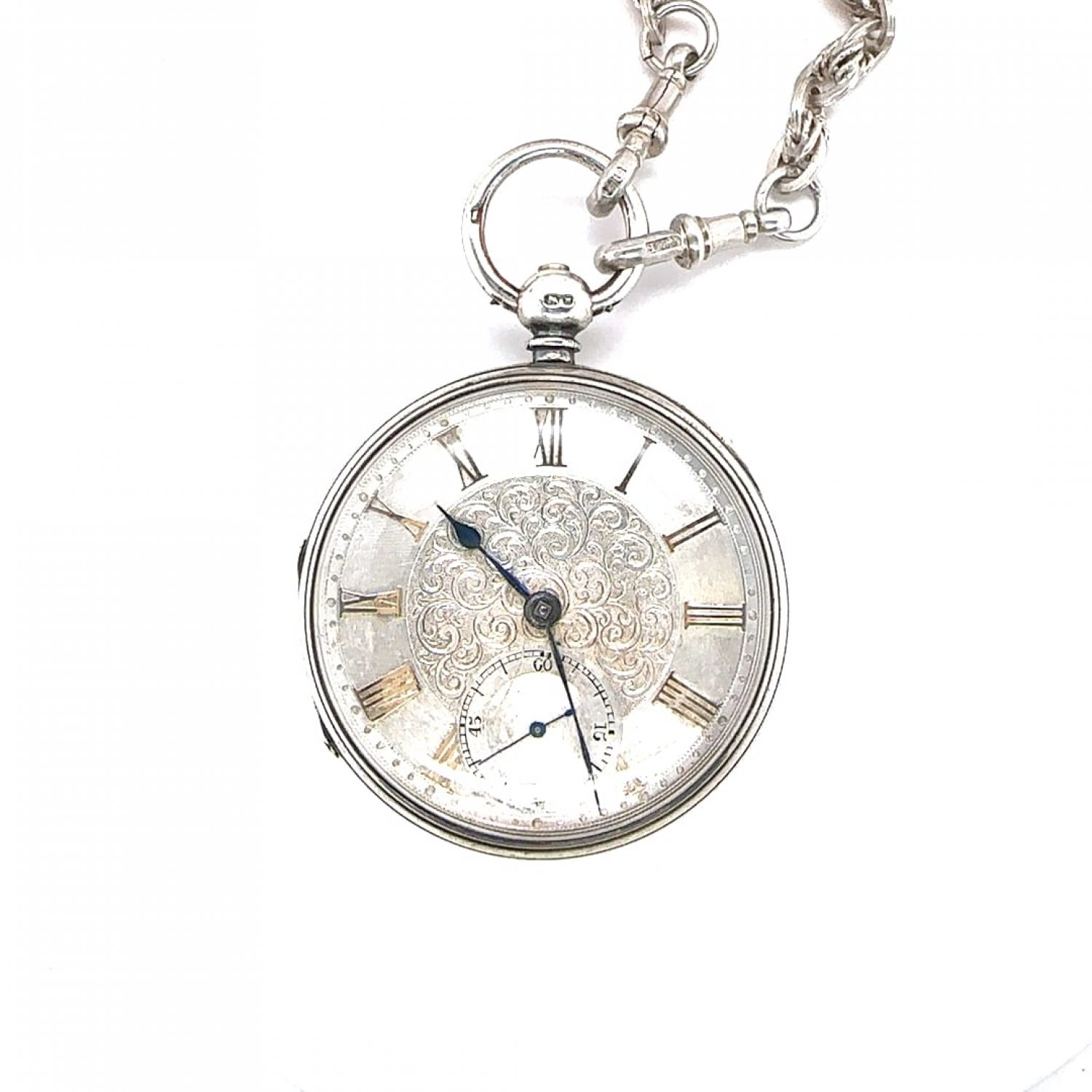 English sterling silver open faced pocket watch and fob chain 