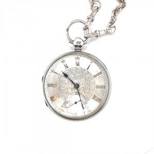 English sterling silver open faced pocket watch and fob chain 