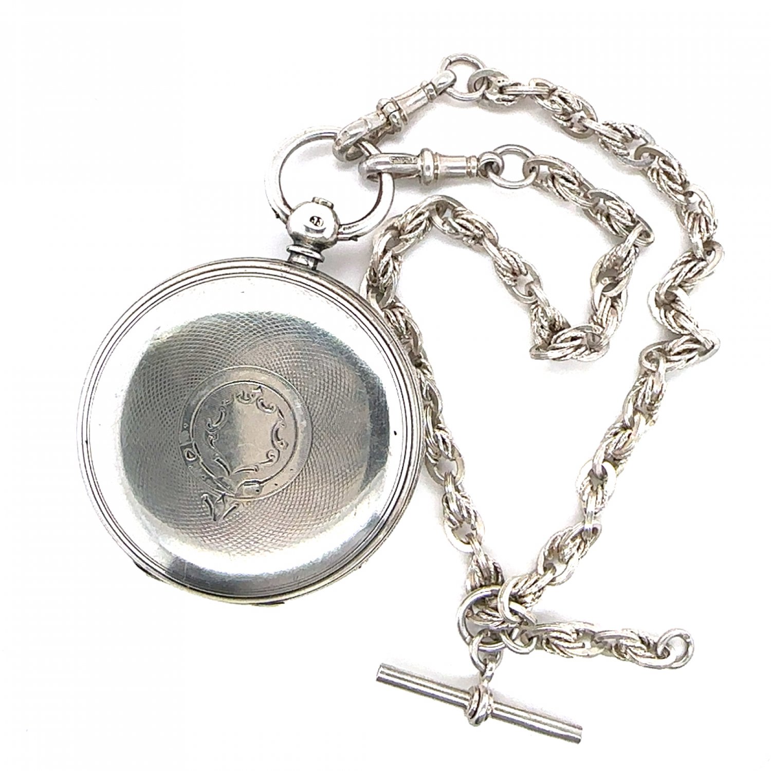 English sterling silver open faced pocket watch and fob chain 