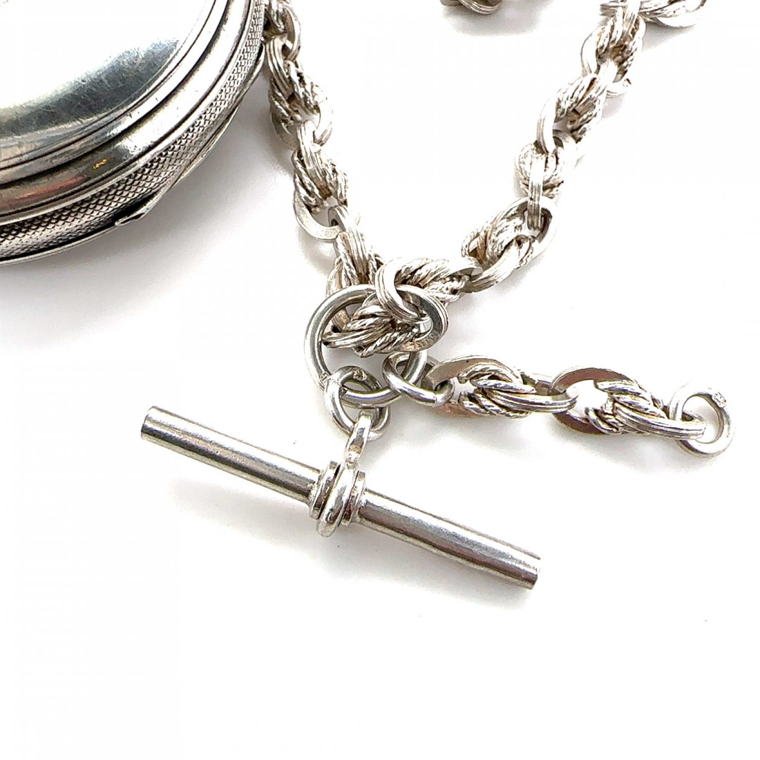 English sterling silver open faced pocket watch and fob chain 