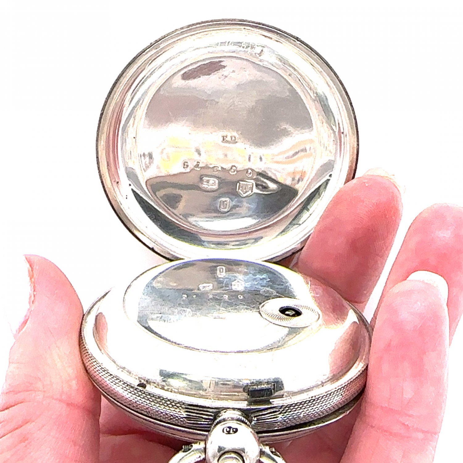 English sterling silver open faced pocket watch and fob chain 