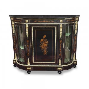 English Ebonised 3 door credenza with marquetry inlays and gilt bronze mounts 