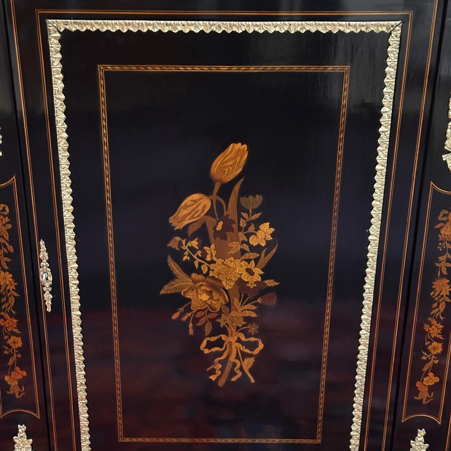 English Ebonised 3 door credenza with marquetry inlays and gilt bronze mounts 