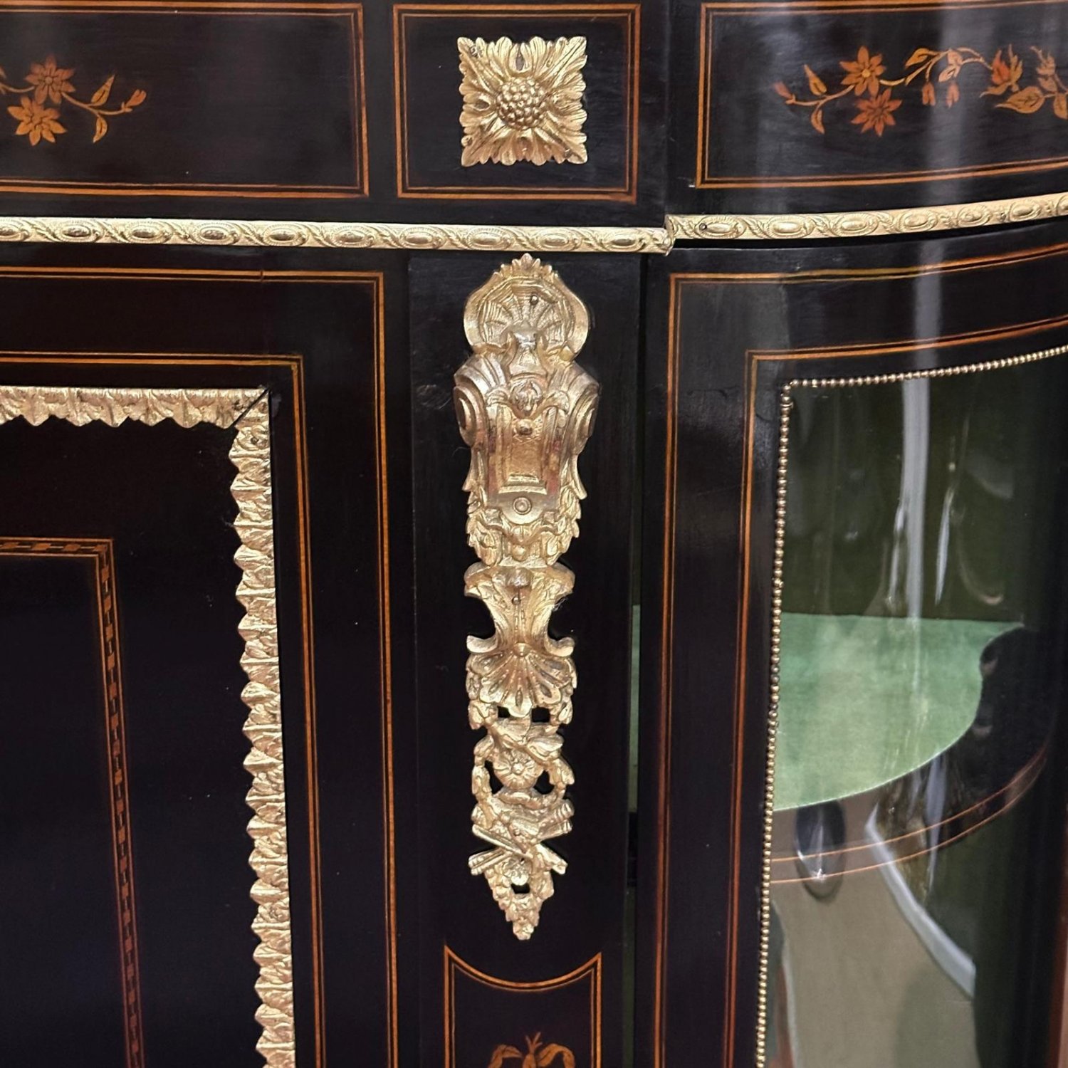 English Ebonised 3 door credenza with marquetry inlays and gilt bronze mounts 