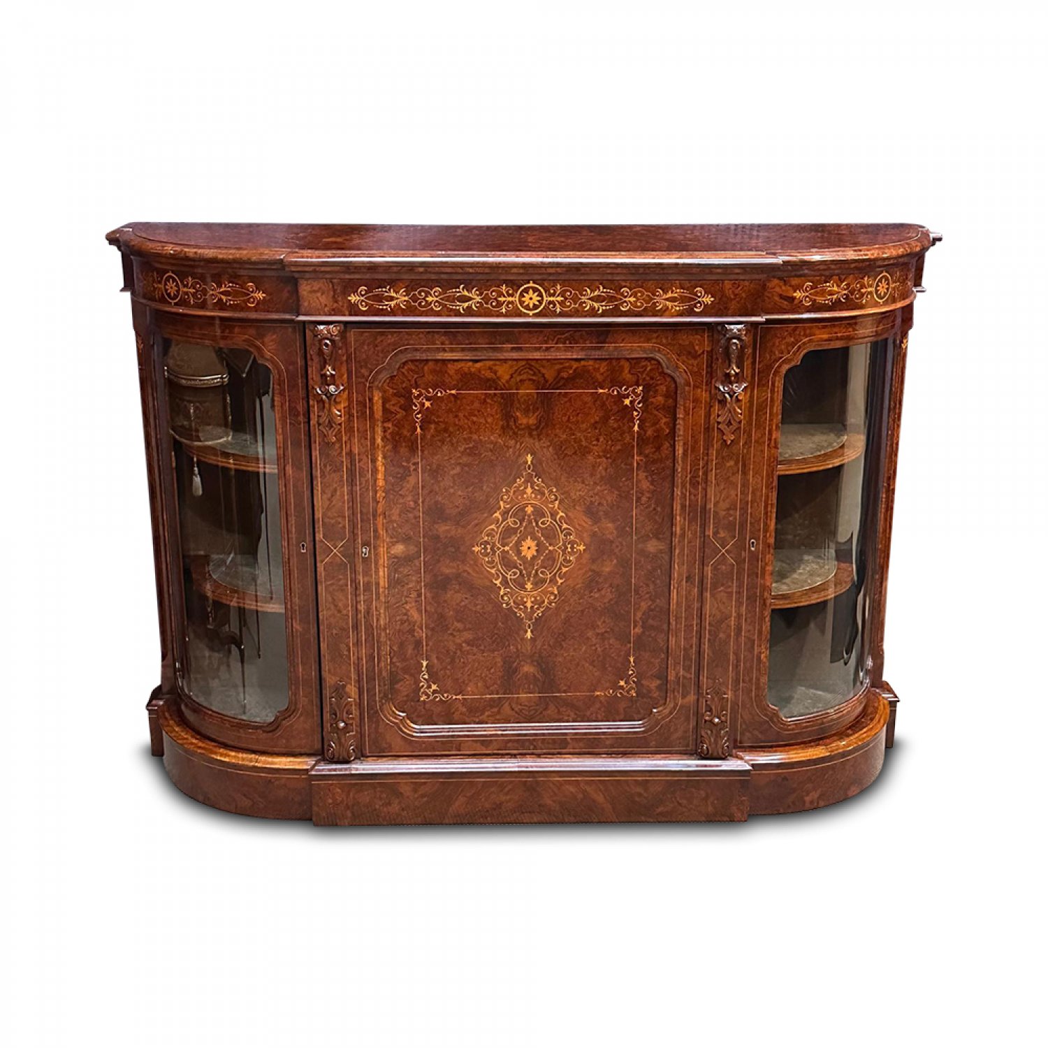 Superb English burr walnut 3 door breakfront credenza with fine marquetry inlays