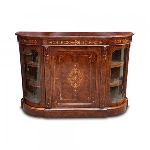 Superb English burr walnut 3 door breakfront credenza with fine marquetry inlays