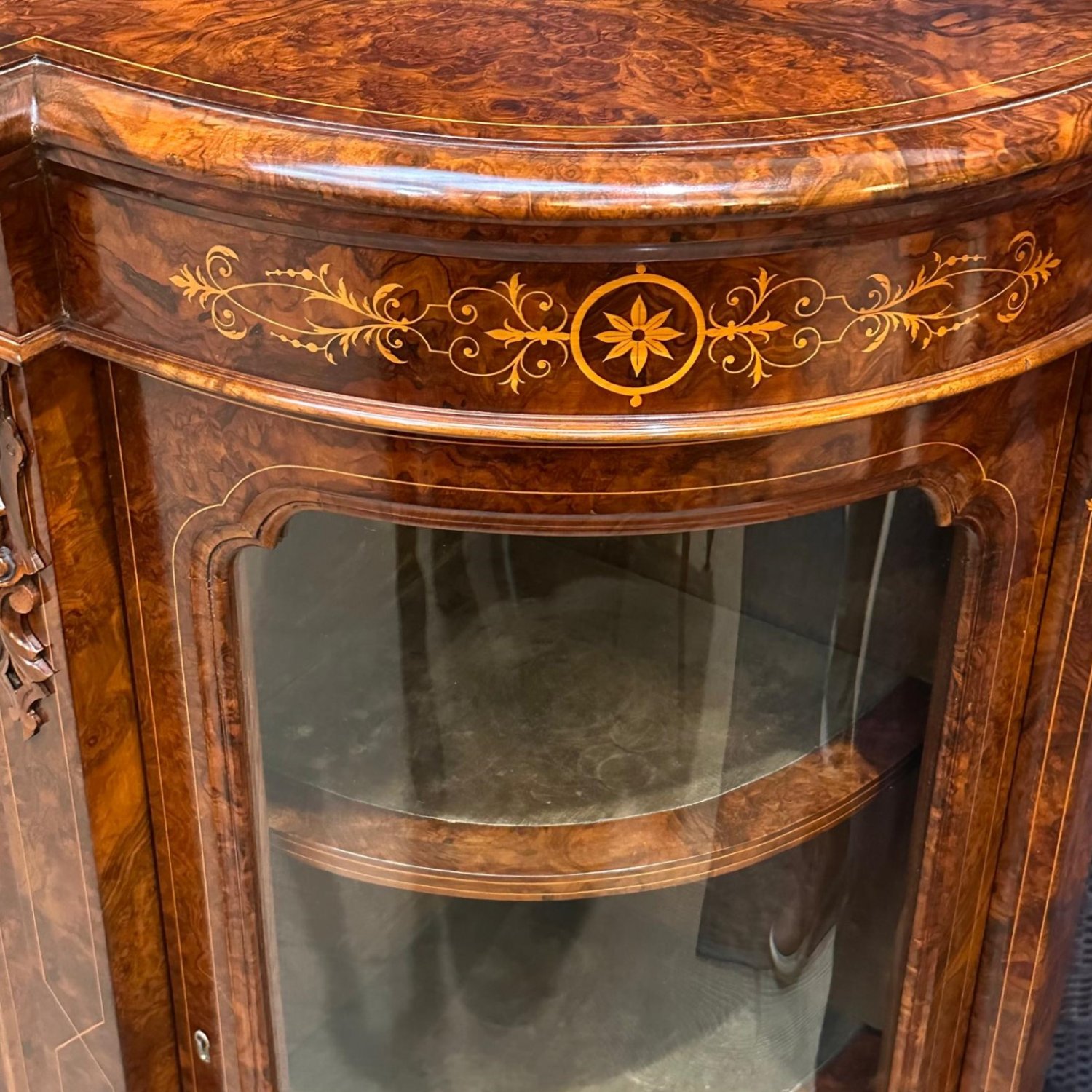 Superb English burr walnut 3 door breakfront credenza with fine marquetry inlays