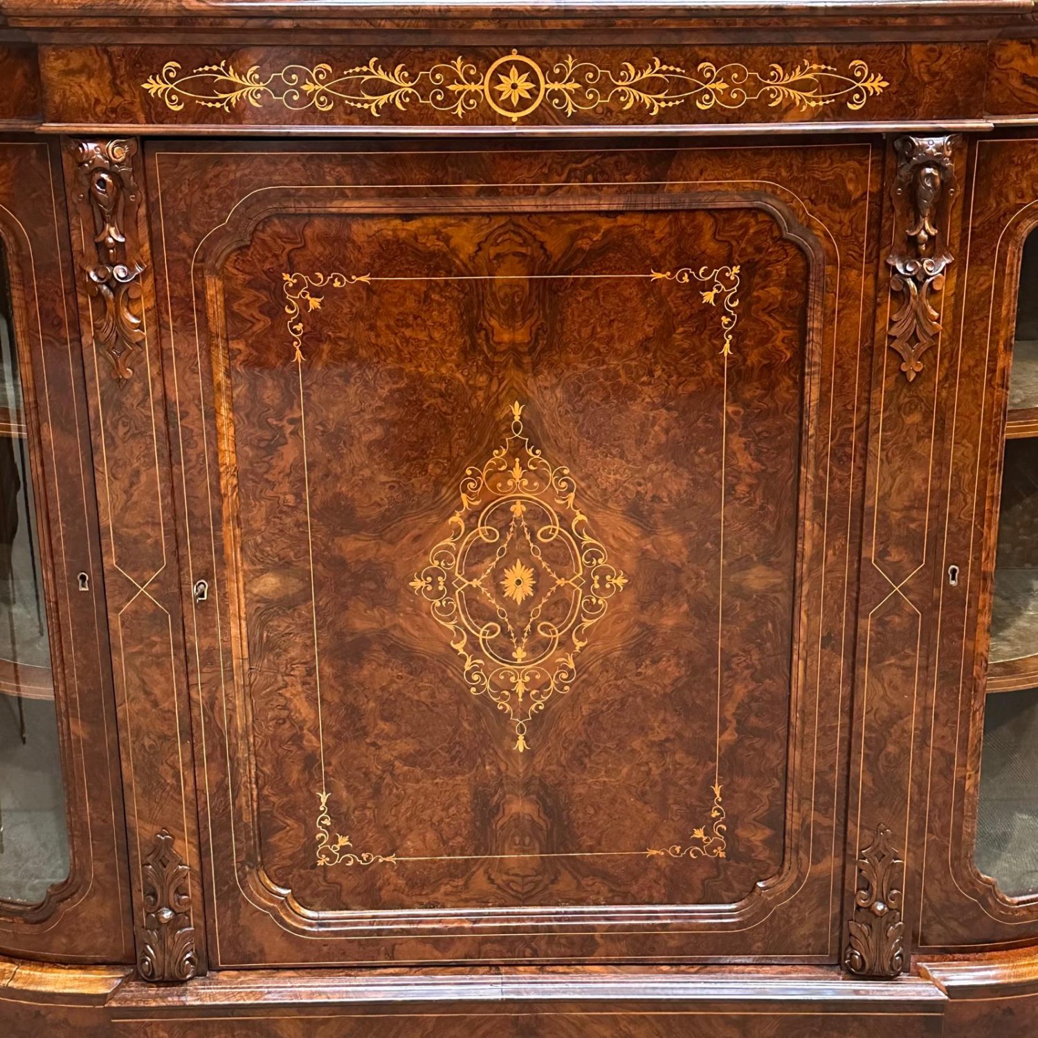 Superb English burr walnut 3 door breakfront credenza with fine marquetry inlays