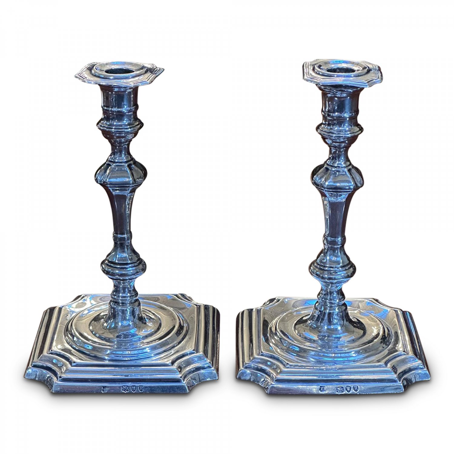 Pair Georgian style sterling silver petite candlesticks London 