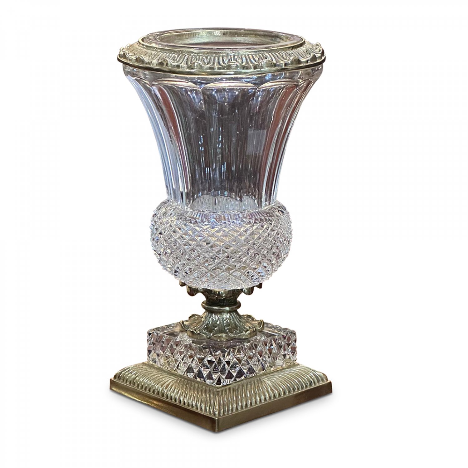 Baccarat cut crystal trumpet vase with ornate gilt bronze mounts. 