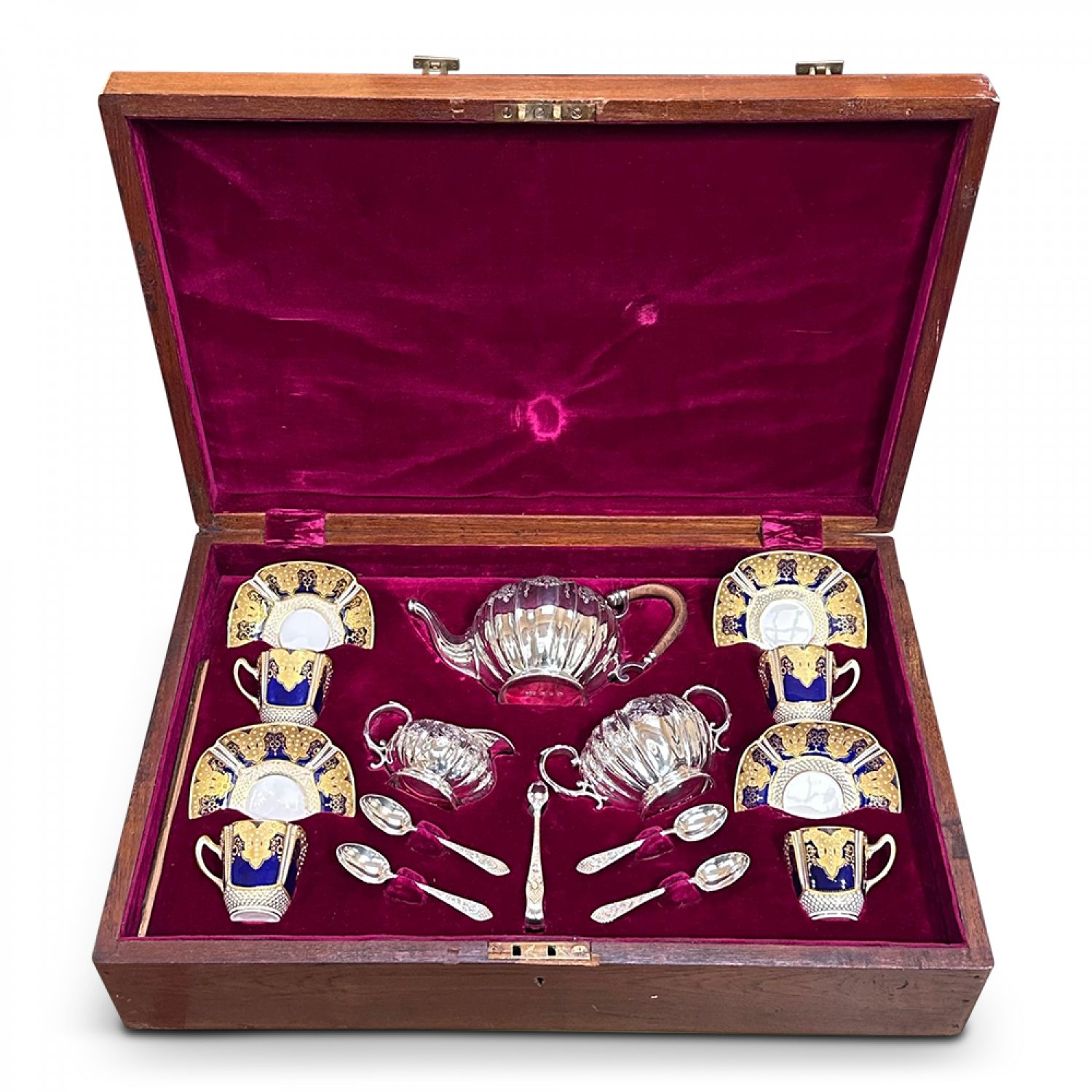 Outstanding boxed English sterling silver tea service by Elkington & co with Copeland coffee set 