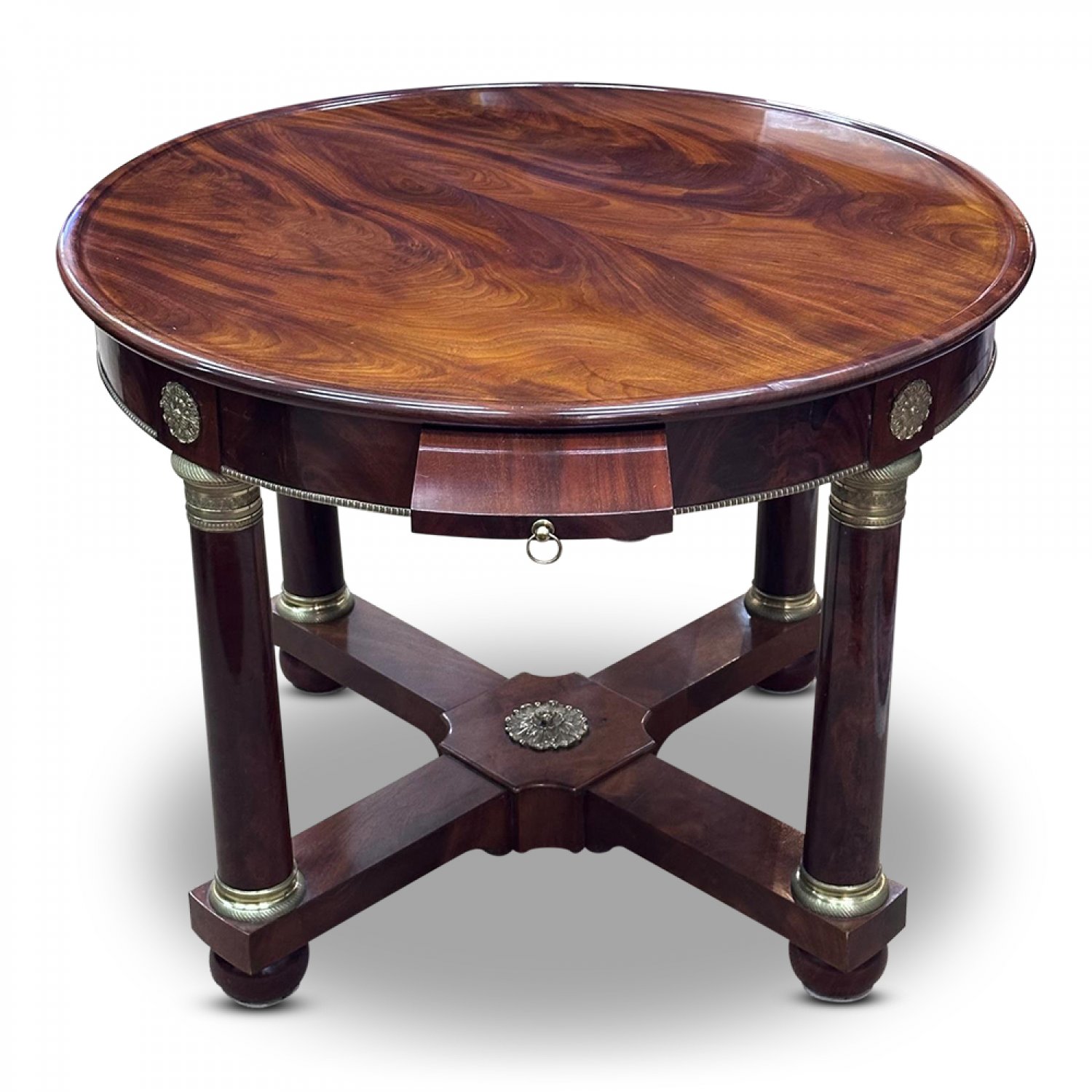 Superb French mahogany Empire style round games table with gilt bronze mounts 