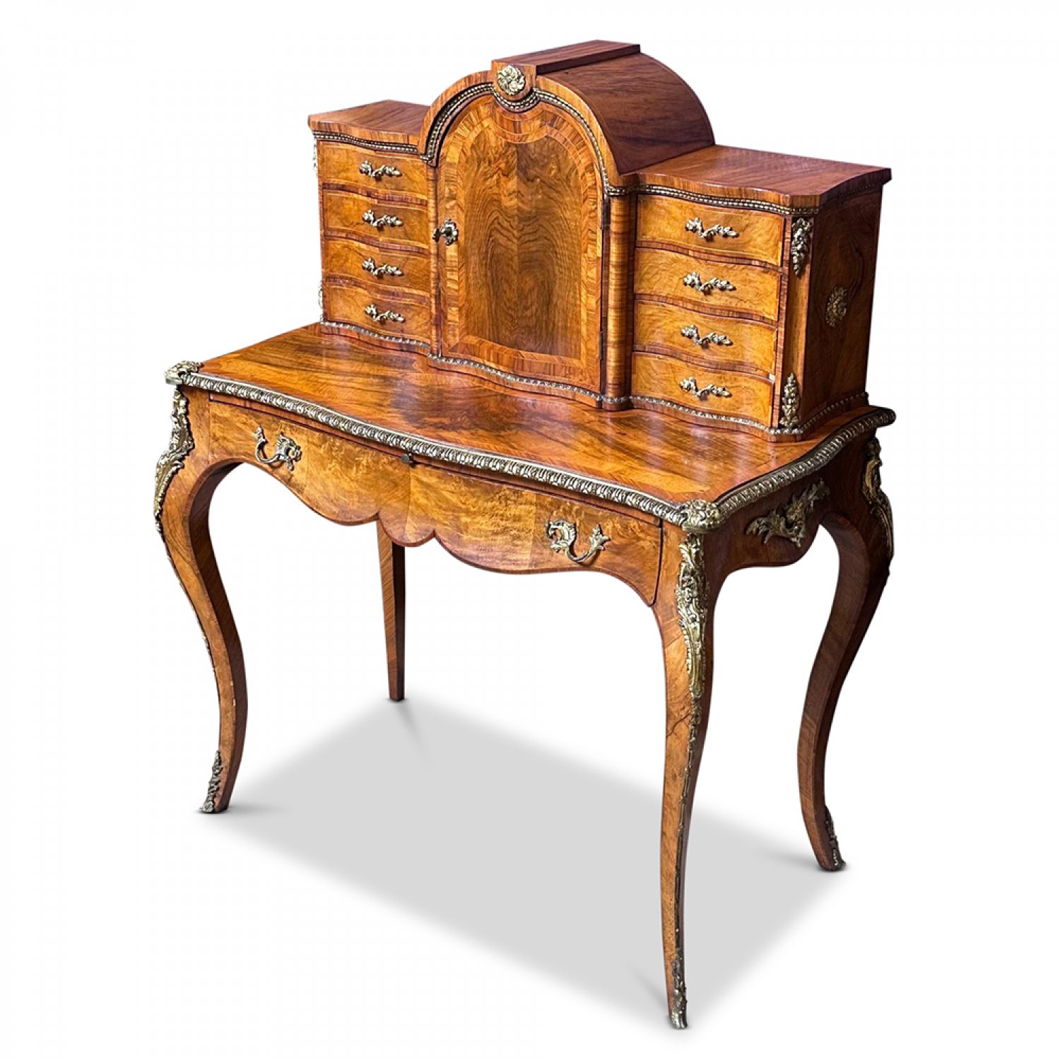 Superb French walnut figured ladies writing desk with ormolu mounts