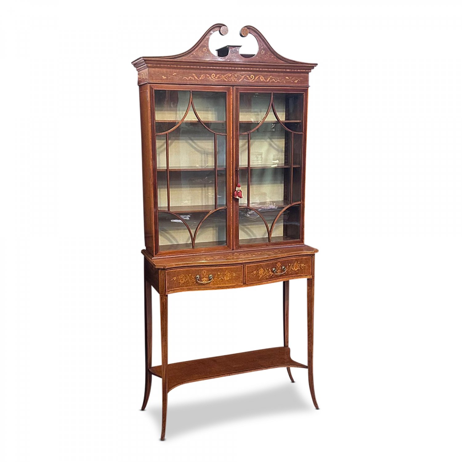 Superb English display cabinet with fine marquetry inlays by Edwards & Roberts