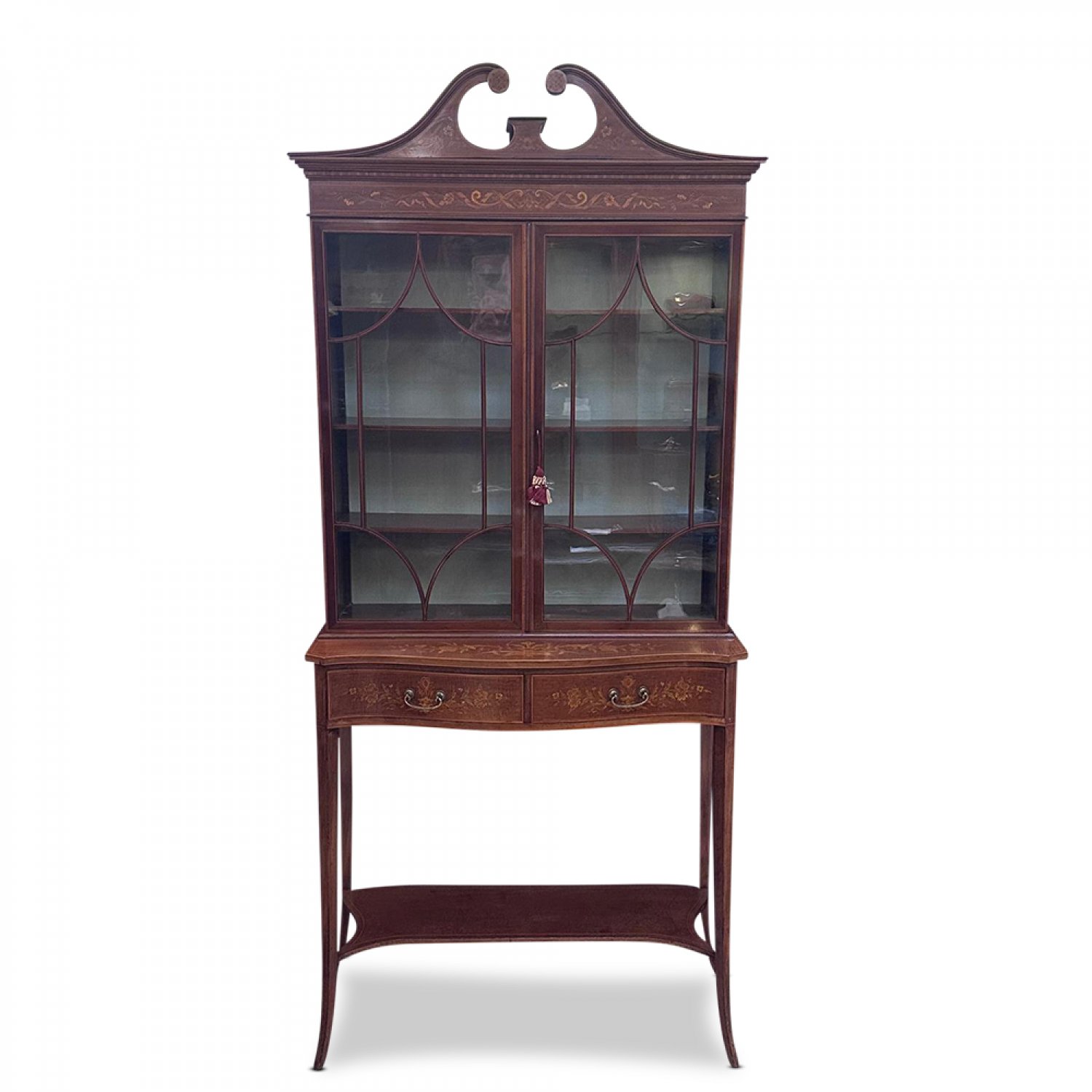 Superb English display cabinet with fine marquetry inlays by Edwards & Roberts