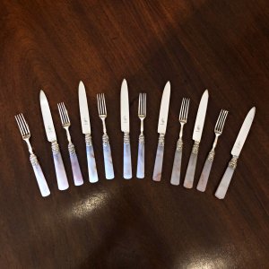 Set of Six English Sterling Silver and Agate Fruit Knives and Forks