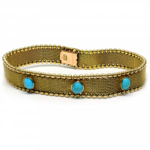 9ct Gold Mesh 3 Cabochon Cut Turquoise Bracelet