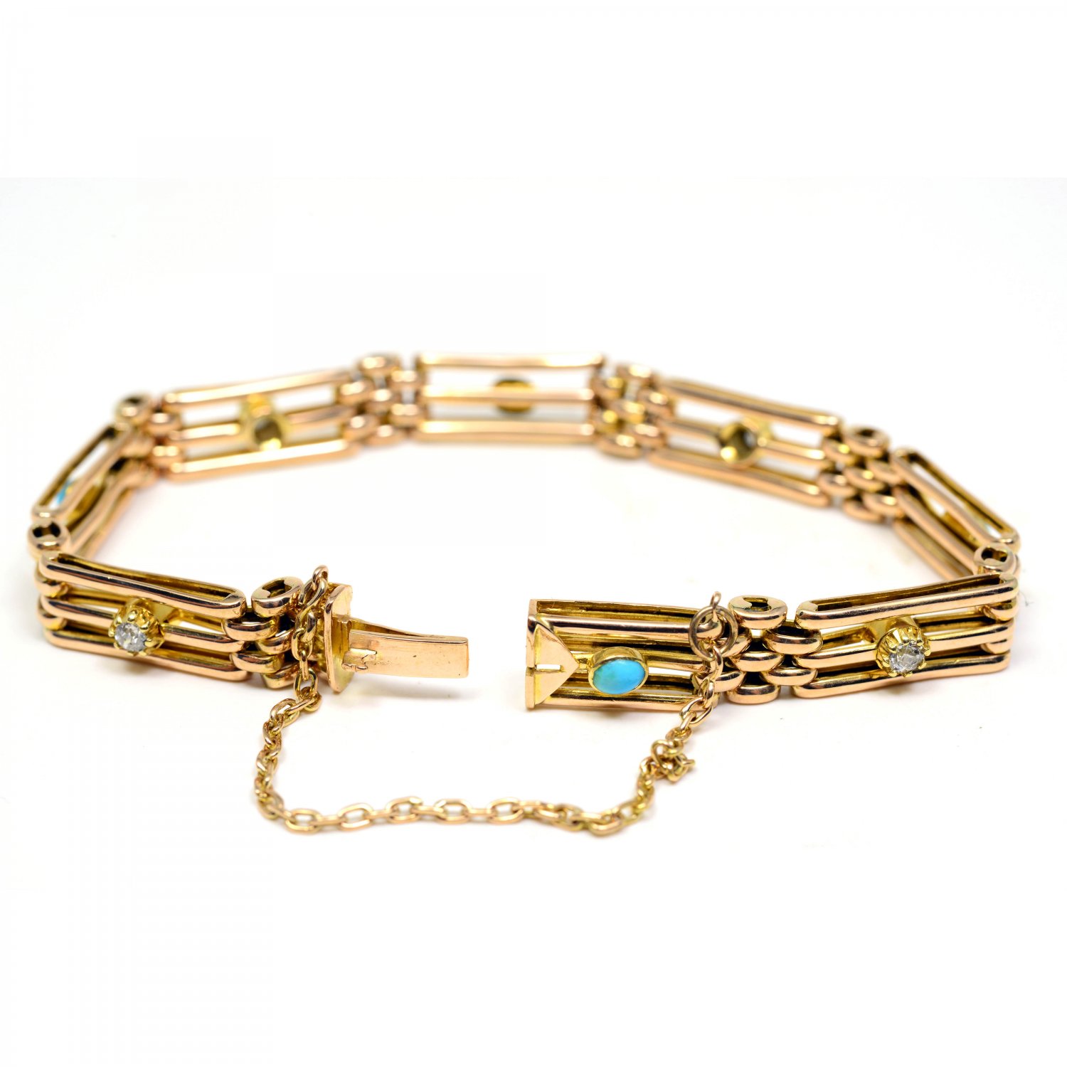 15ct Rose Gold 3 Turquoise 4 Diamond Gate Bracelet
