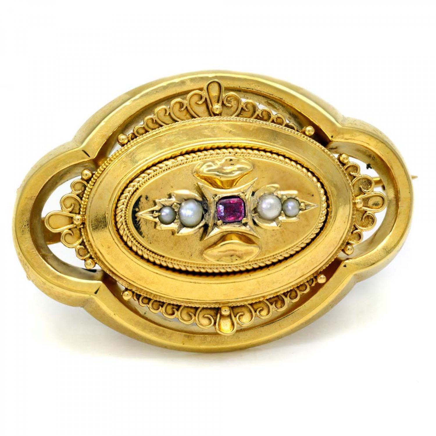 15ct Gold Locket Brooch. Victorian Pearl and Ruby Locket / Brooch c