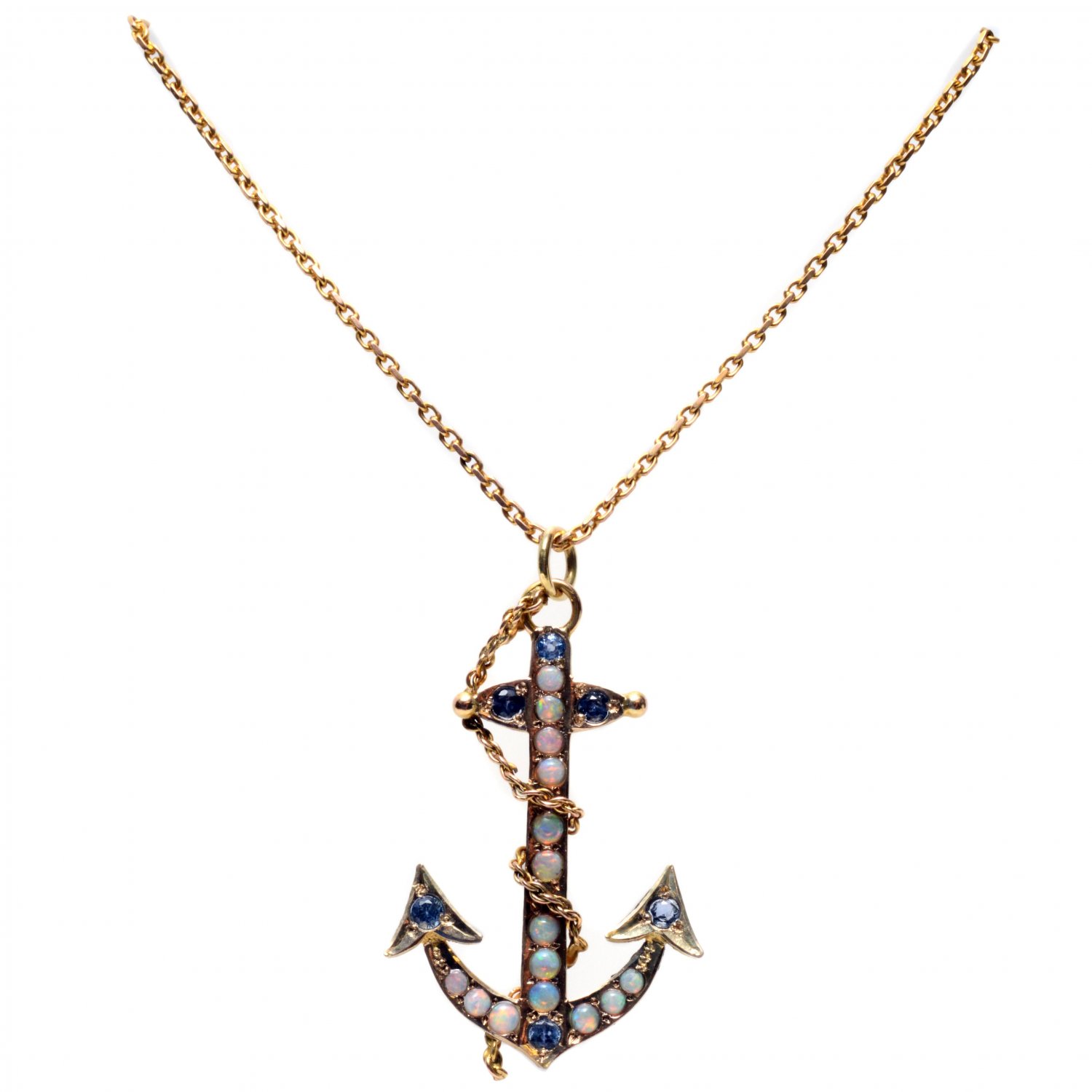 9ct Gold Opals & Sapphires Anchor Pendant.