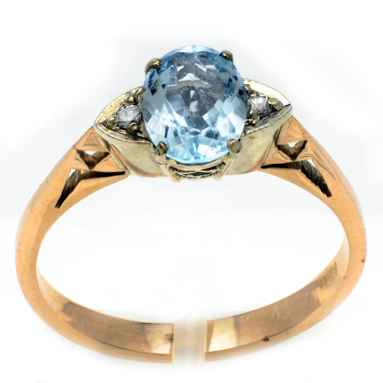 ART DECO 9ct Yellow Gold Aquamarine and 4 Diamond Ring