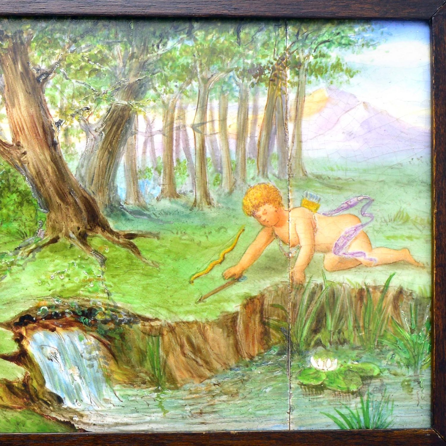 Hand Painted Tiles Depicting Scantily Clad Maidens and Cherubs 