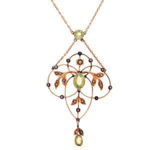 9ct Gold Art Nouveau 3 Peridot and Pearl Necklace [G597]
