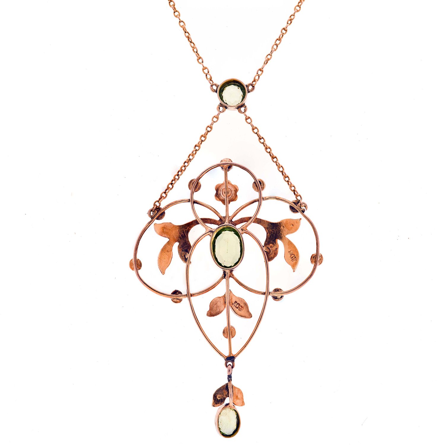 9ct Gold Art Nouveau 3 Peridot and Pearl Necklace [G597]