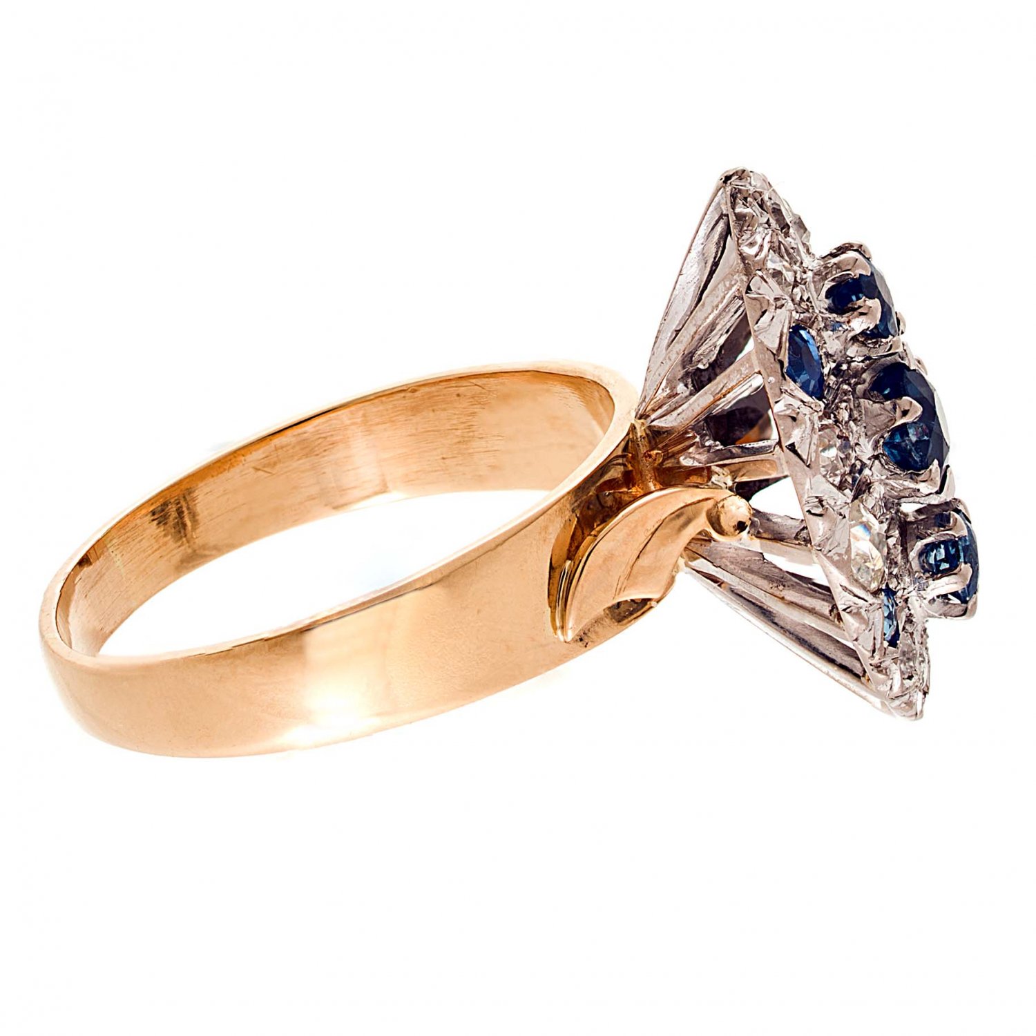 Mid Century Modernist. 18ct Gold. 7 Blue Ceylon Sapphires and 10 Diamond Ring [G595]
