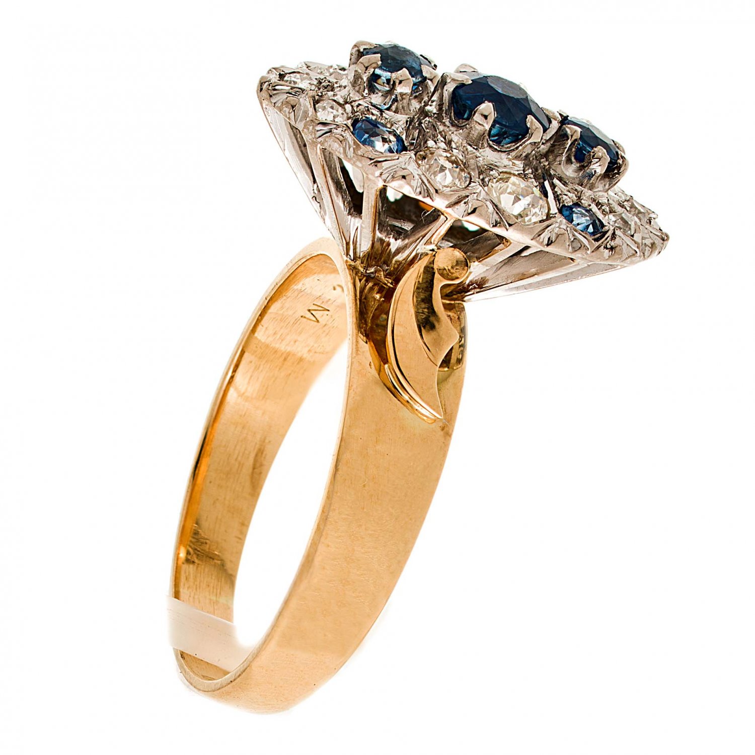 Mid Century Modernist. 18ct Gold. 7 Blue Ceylon Sapphires and 10 Diamond Ring [G595]