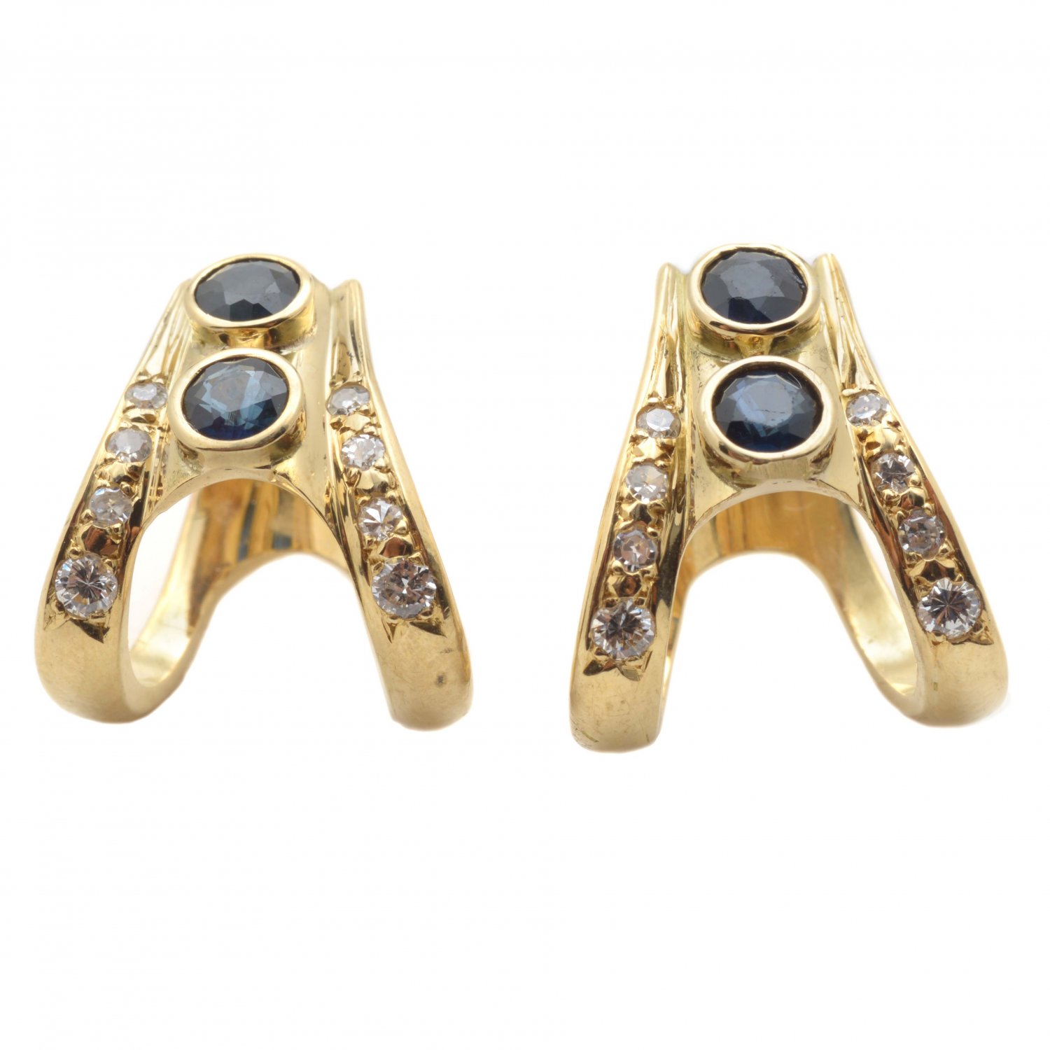 Mid Century Modernist. 18ct Yellow Gold Hand Made Diamond and Australian Blue Sapphire Earrings.[B257]