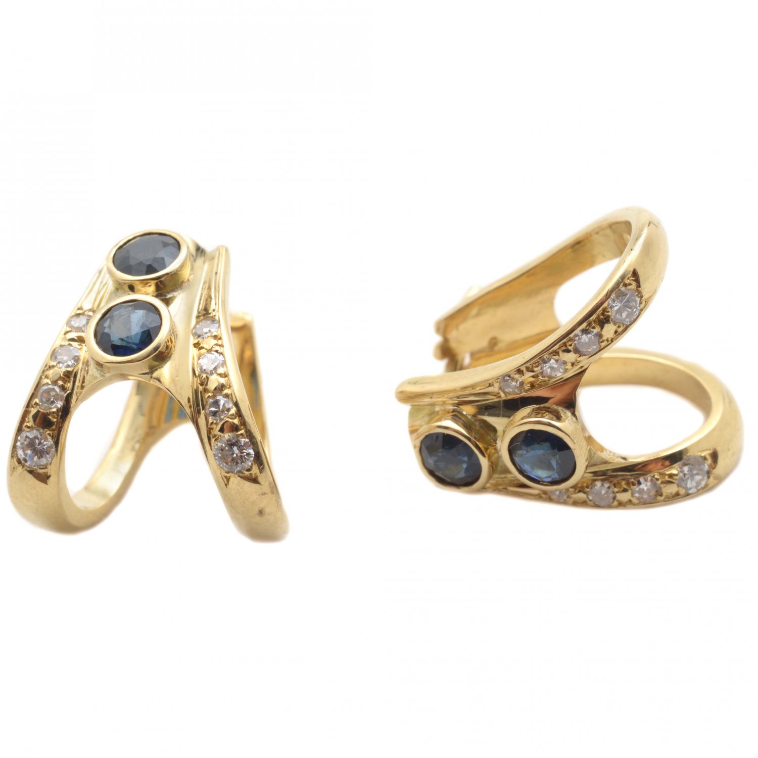Mid Century Modernist. 18ct Yellow Gold Hand Made Diamond and Australian Blue Sapphire Earrings.[B257]