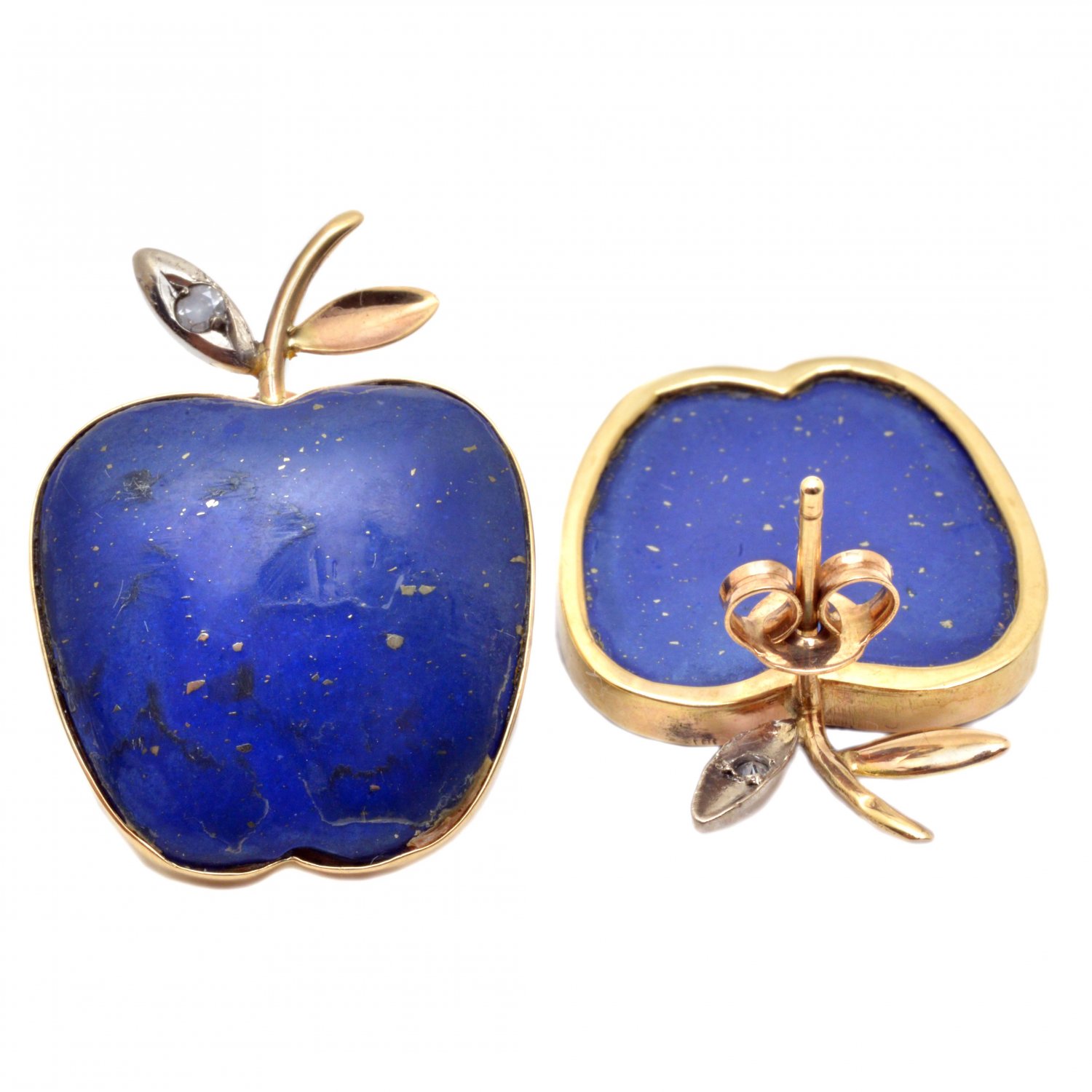 Mid Century Modernist 9ct Yellow Gold Hand Made Apple Shaped Cabachon Lapis Lazuli and Diamond Earrings [B259]