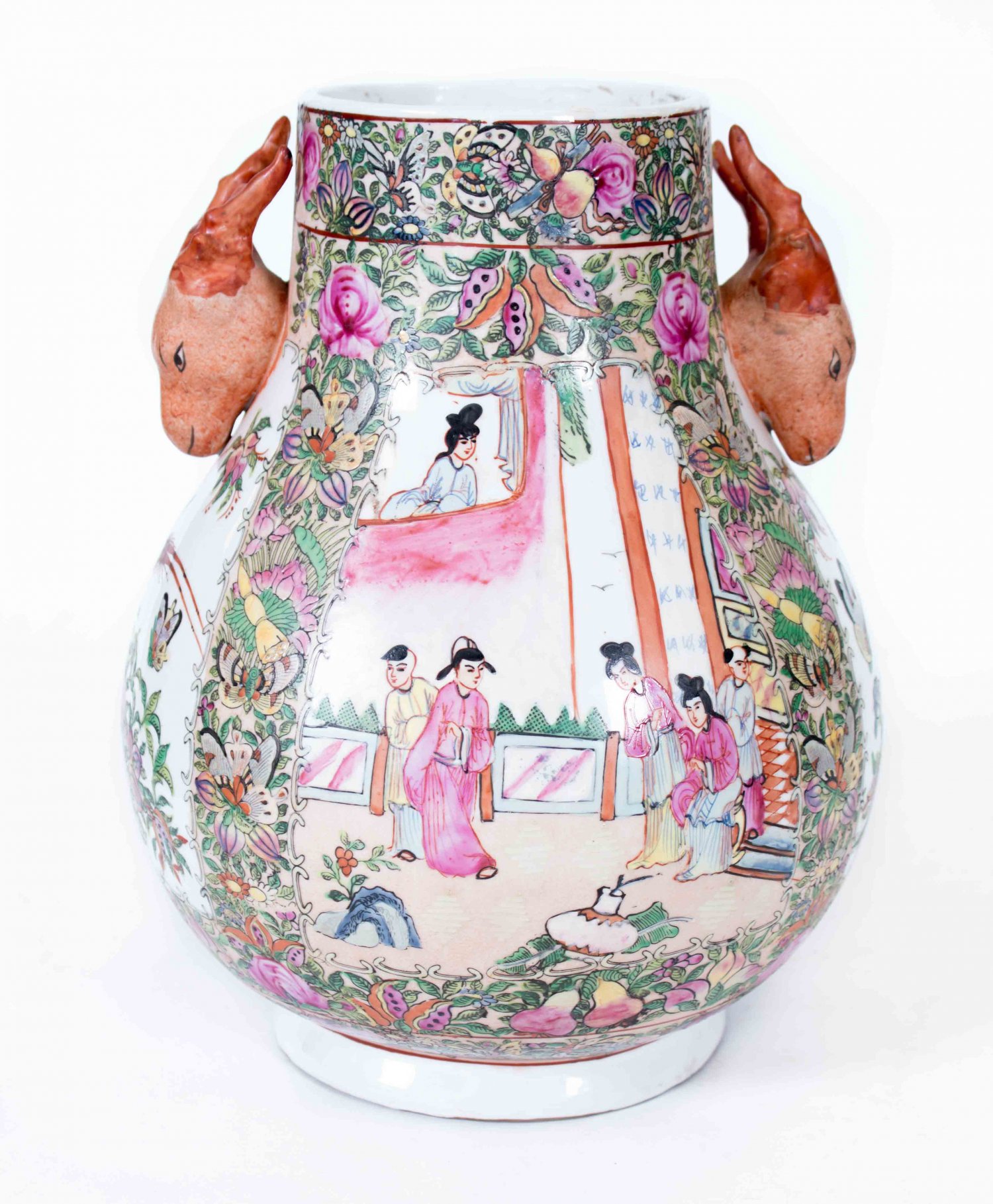 Chinese Famille Rose Vase with Goat Handles