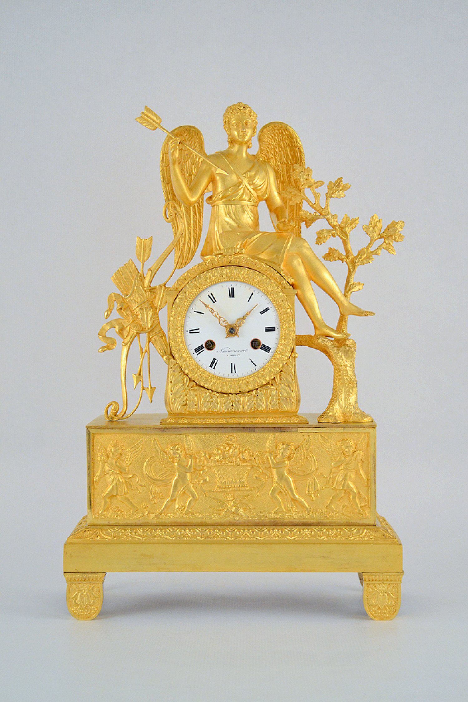 A 19TH CENTURY EMPIRE, MYTHOLOGICAL, ORMOLU, MANTLE CLOCK OF EROS, SIGNED NAVRANCOURT A BREST. CIRCA. 