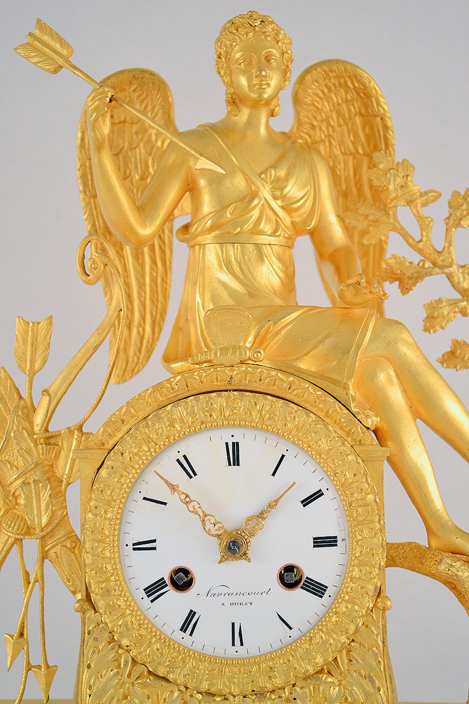 A 19TH CENTURY EMPIRE, MYTHOLOGICAL, ORMOLU, MANTLE CLOCK OF EROS, SIGNED NAVRANCOURT A BREST. CIRCA. 