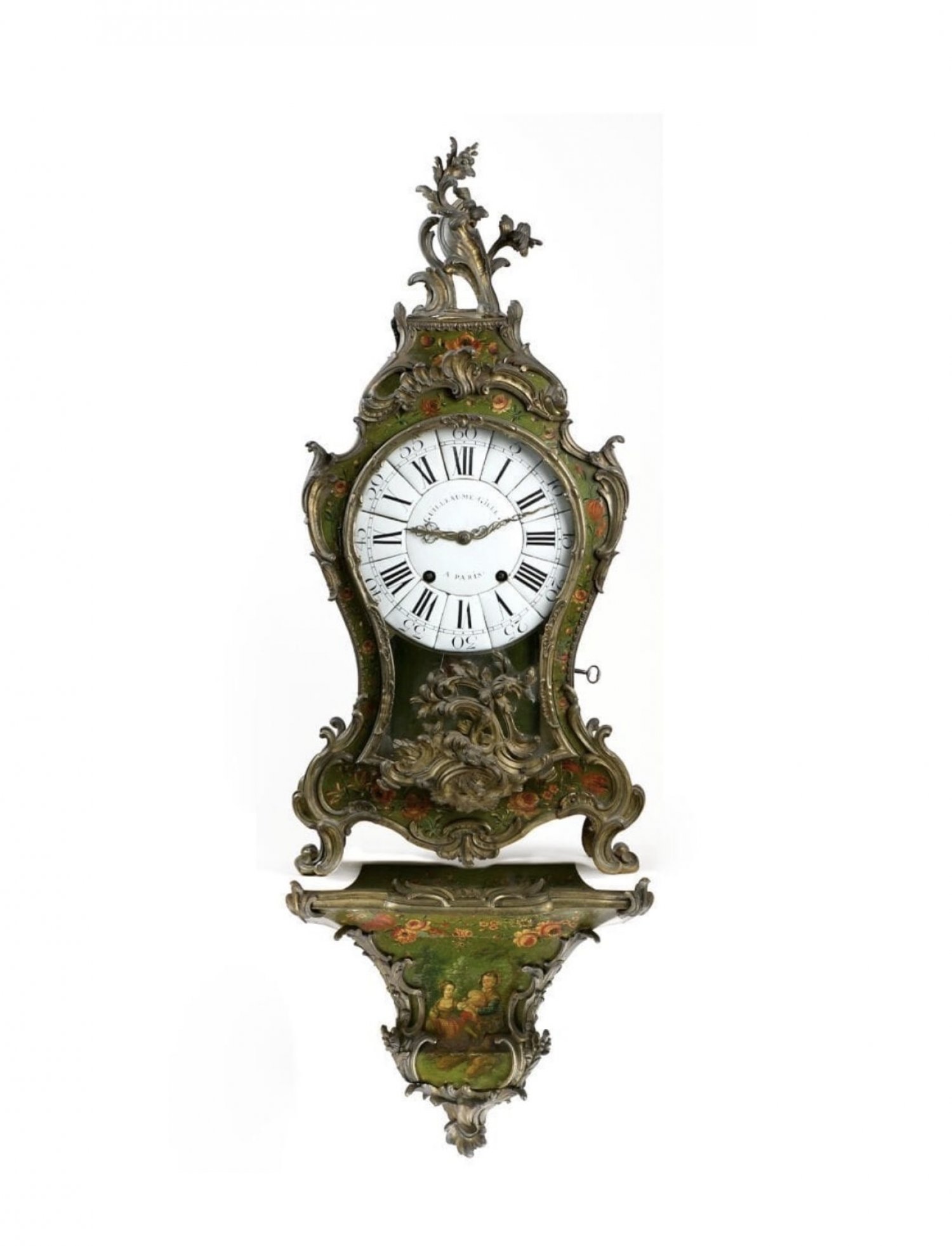 18th Century French Louis XV Vernis Martin Cartel Clock by Guillaume Gille, Paris. Circa 1760.