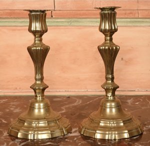 An Pair of 18th Century French Louis XV Bronze Candlesticks. Circa 1760.