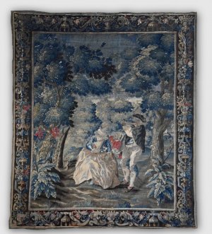 18th-Century French Pastoral Tapestry Fête Galante - Romantic Courtship Scene France, 18th Century Wool and silk tapestry 
