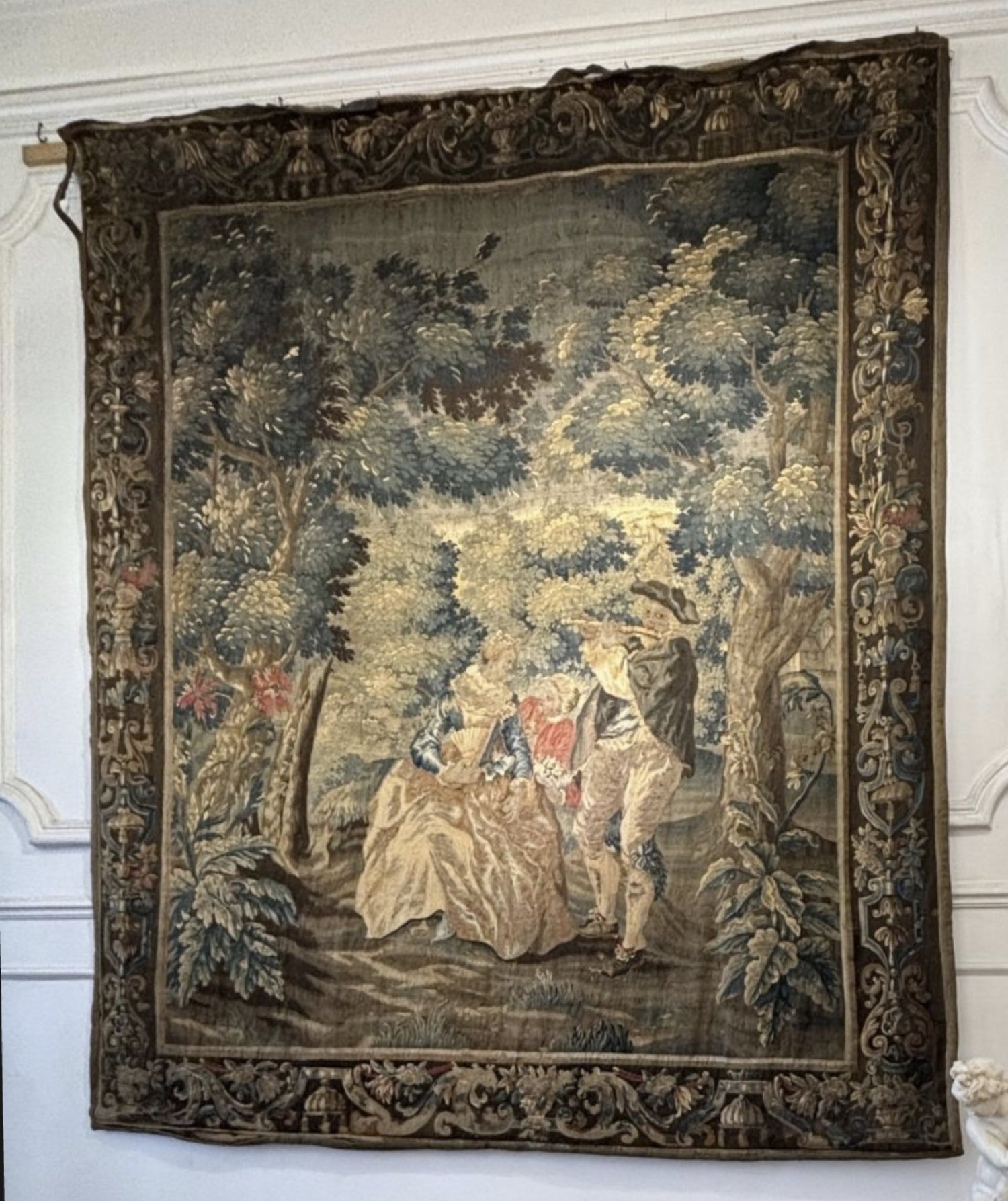 18th-Century French Pastoral Tapestry Fête Galante - Romantic Courtship Scene France, 18th Century Wool and silk tapestry 