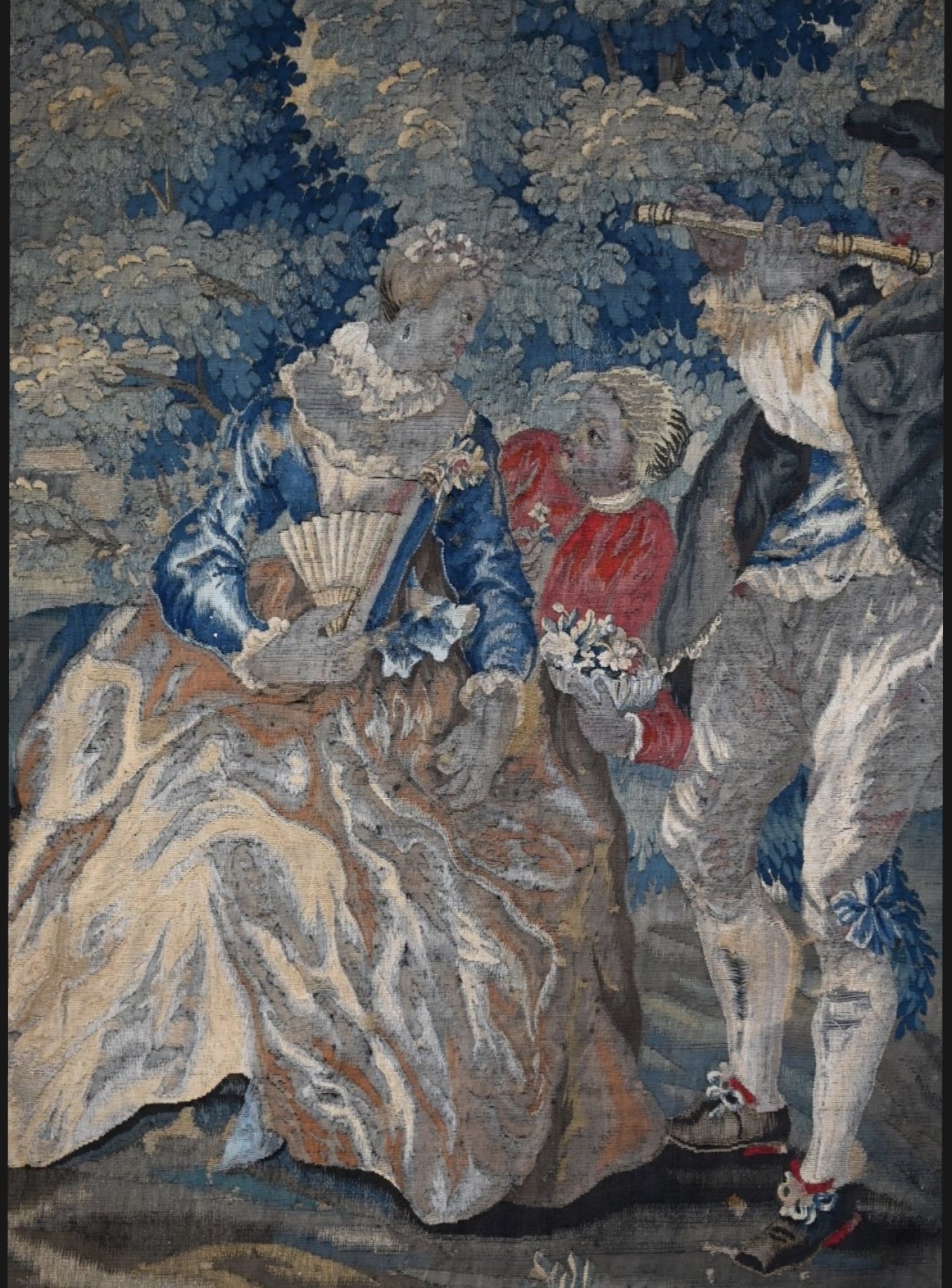 18th-Century French Pastoral Tapestry Fête Galante - Romantic Courtship Scene France, 18th Century Wool and silk tapestry 