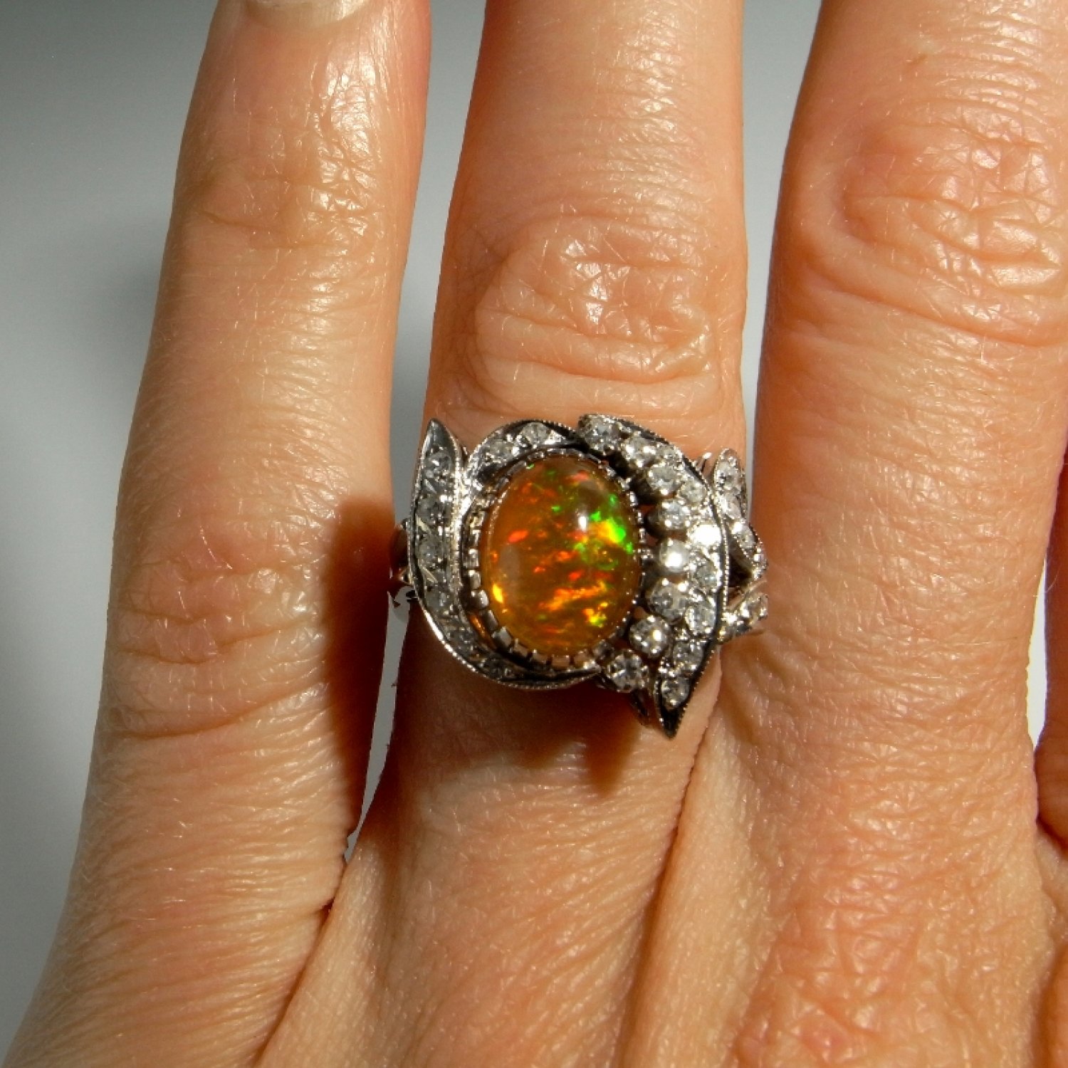 Art Deco Precious Fire Opal Diamond Ring 14K White Gold 