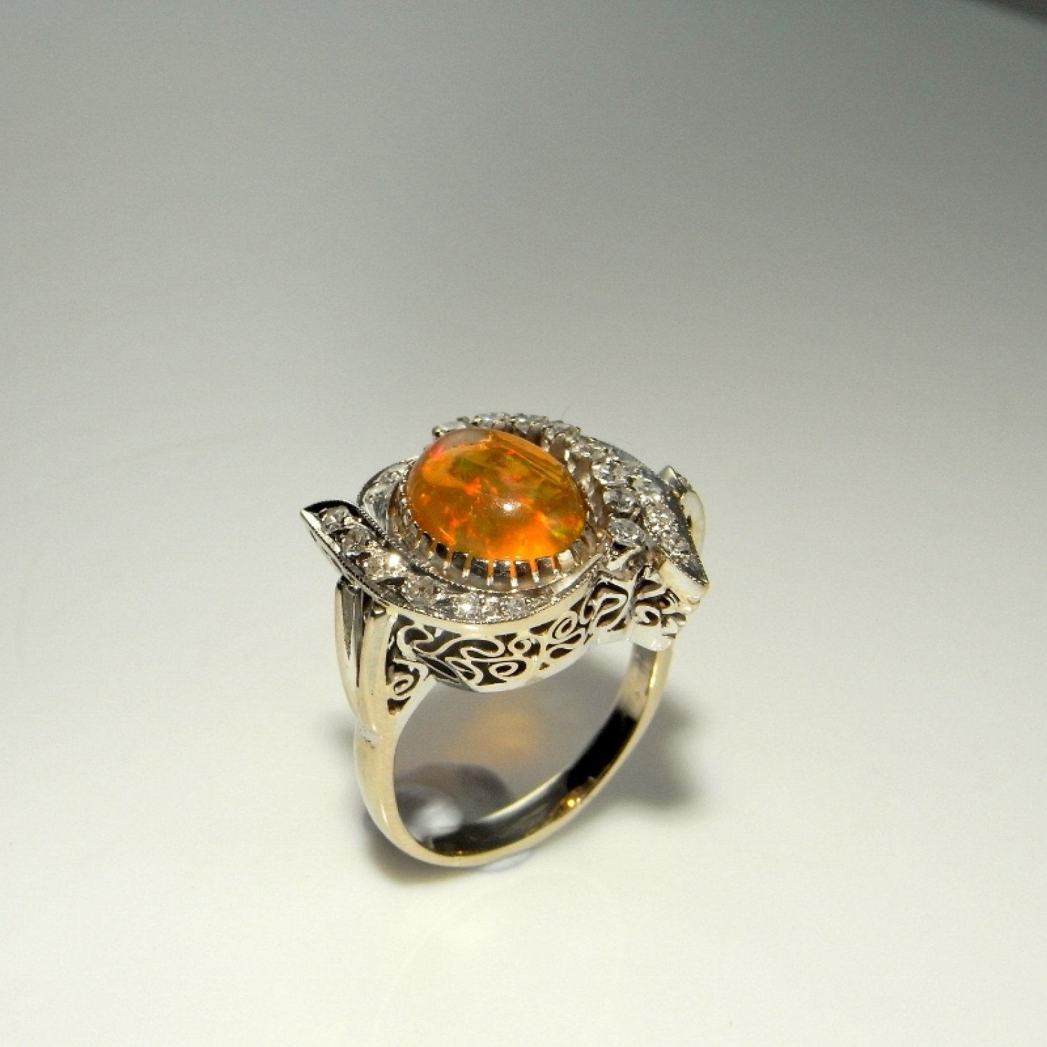 Art Deco Precious Fire Opal Diamond Ring 14K White Gold 