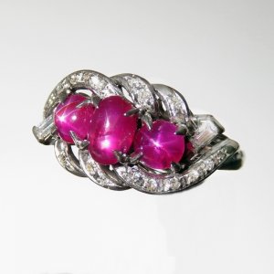 NO HEAT Star Ruby Art Deco Diamond 18K White Gold Ring UNHEATED Rubies Cabochon