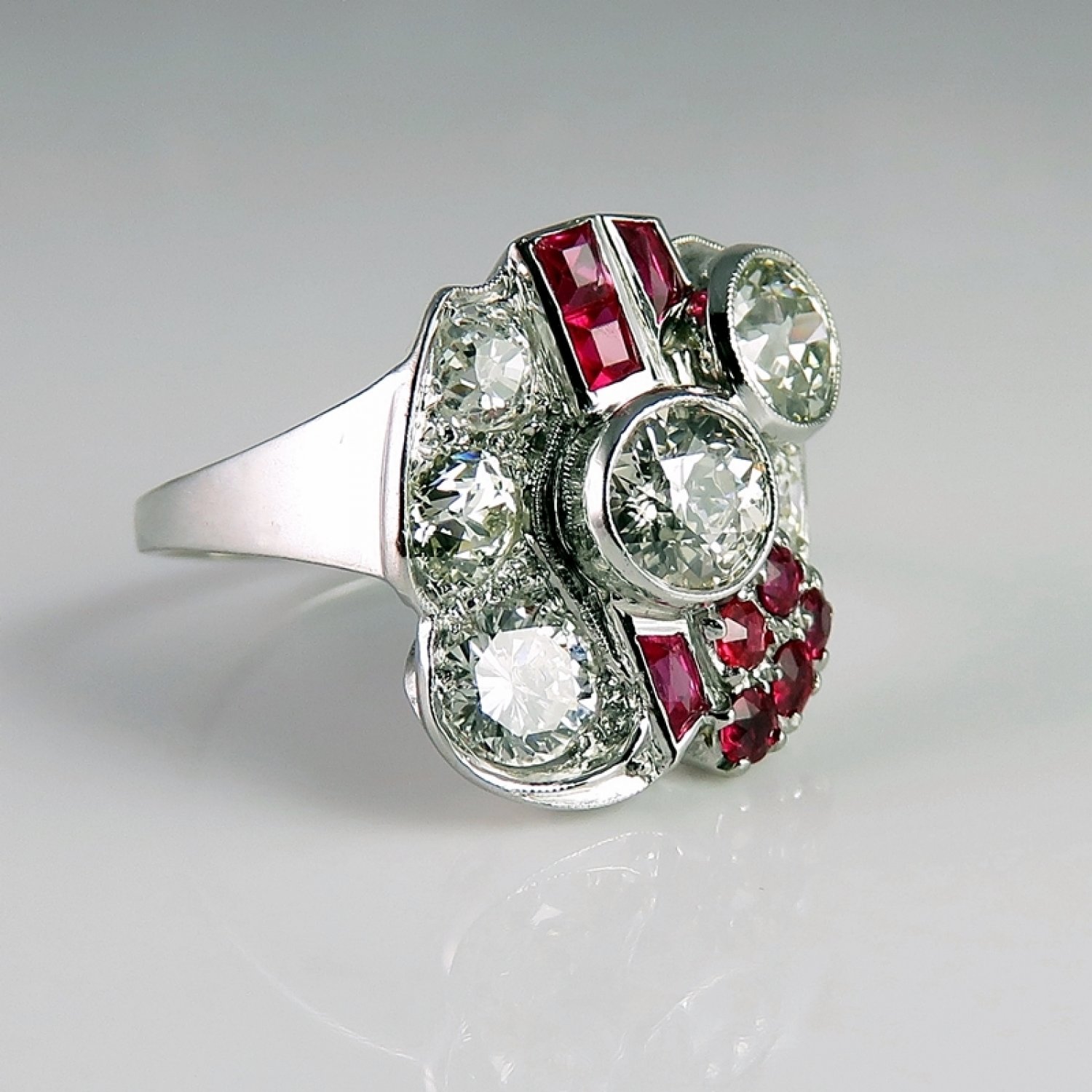 Art DecoUnheated Ruby Diamond Engagement Ring Platinum Ring Floral 1920s No Heat Rubies OEC Old Cut Diamonds