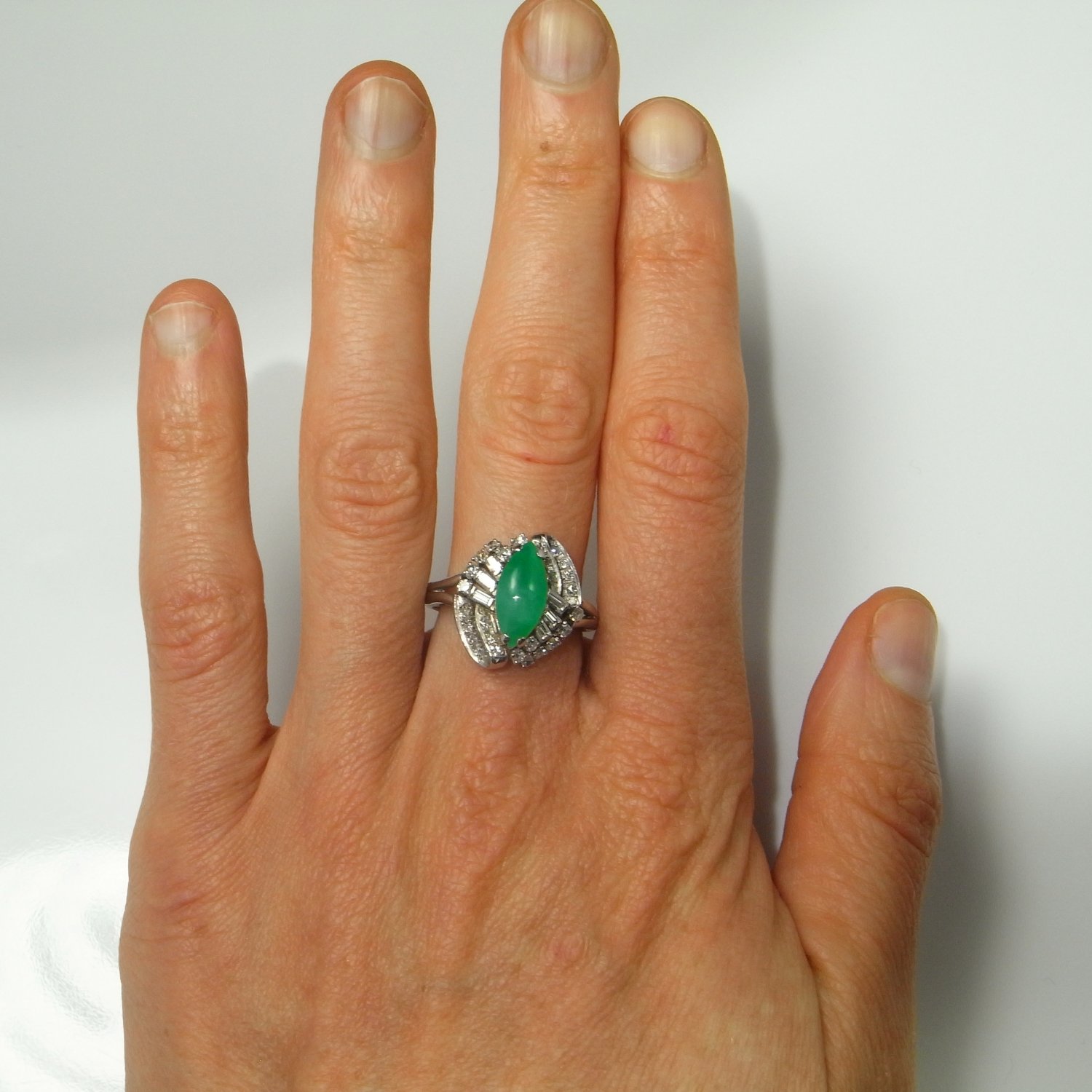 Vivid Green UNTREATED Jadeite Jade Diamond Engagement Ring 18K White Gold Art Deco Handmade One of a Kind Unique Wedding Anniversary