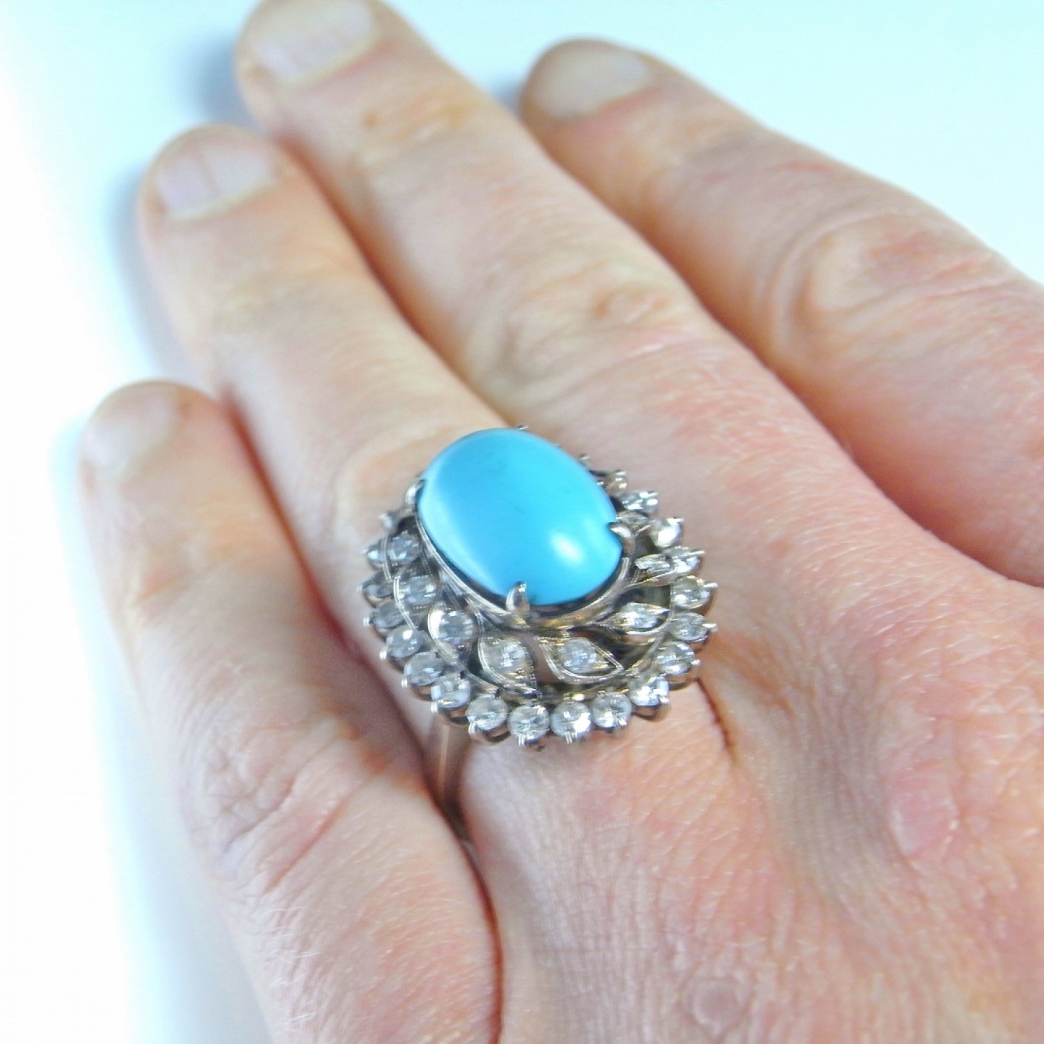Turquoise Diamond Ring 18K Gold Ring Art Deco Diamond Ring Bombe Dome Cluster Ballerina Turquoise Cabochon Handmade Heirloom Jewelry 1920s 1930s 1940s Ring Exceptional Natural Turquoise Luxury High End