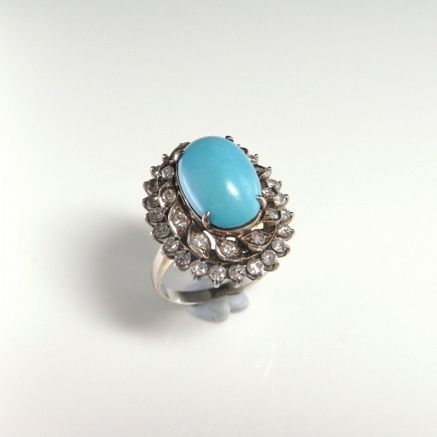 Turquoise Diamond Ring 18K Gold Ring Art Deco Diamond Ring Bombe Dome Cluster Ballerina Turquoise Cabochon Handmade Heirloom Jewelry 1920s 1930s 1940s Ring Exceptional Natural Turquoise Luxury High End
